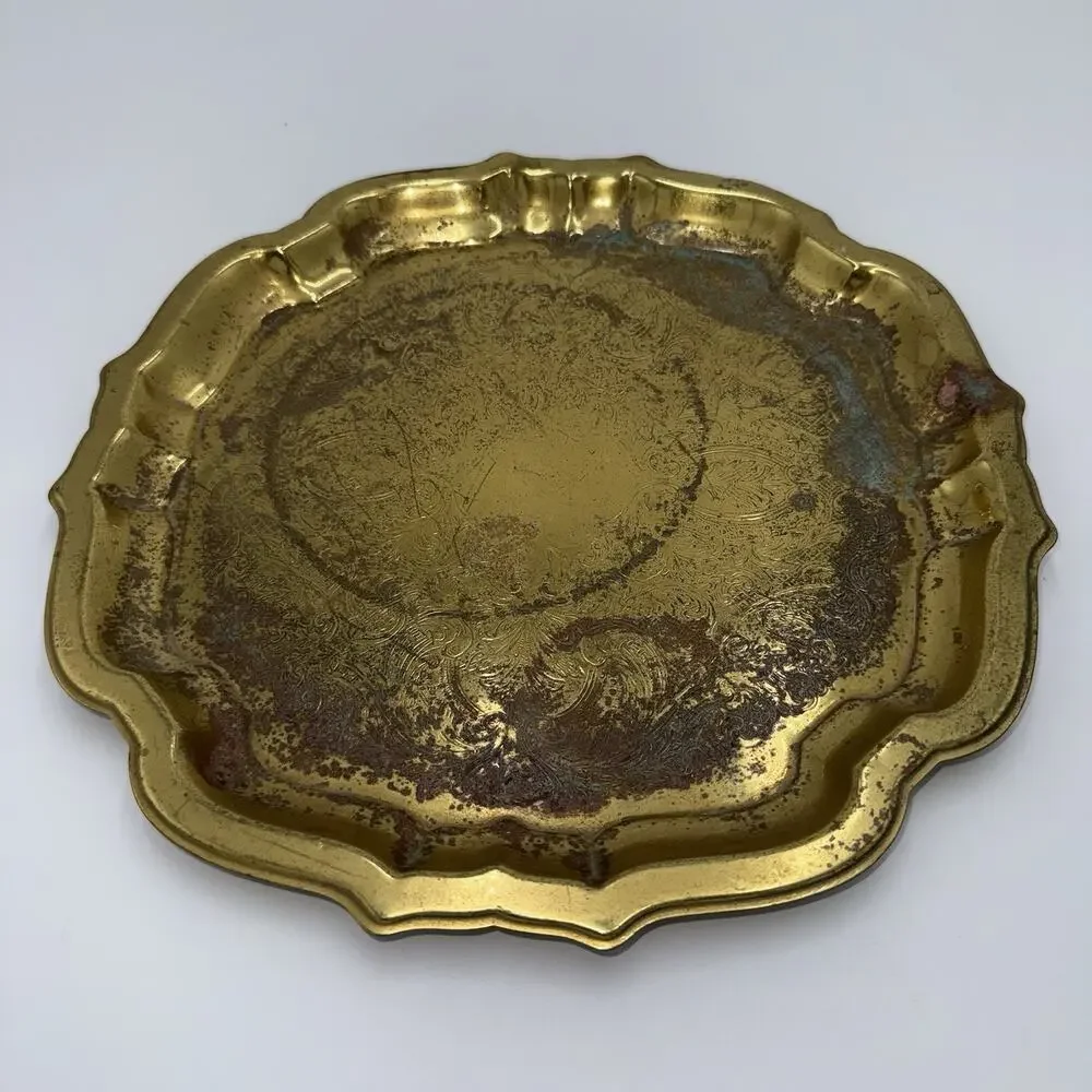 Vintage Solid Brass Scalloped Serving Tray Etched Ornate Made USA - Picture 1 of 4
